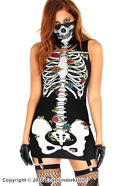 Minikleid, glatte Rückseite, eingebauter Strumpfbandgurte, Rosen, Skeleton